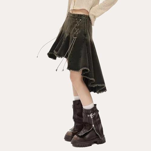 Vintage Distressed Denim Skirt for Women High Low Frayed Raw Hem Jean Midi Skirts2