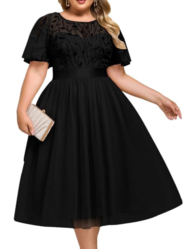 Image of Ever-Pretty Plus Women's Round Neck Embroidery Short Sleeves Sequin Tulle Midi Plus Size Cocktail Wedding Guest Dresses Black US16
