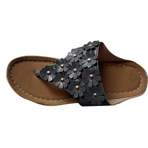 Sandalias de plataforma para mujer, con diseño de flores, de ajuste ancho, para verano, con soporte de arco y puntera abierta, transpirables, para playa, informales, para la playa, Black, 38 EU