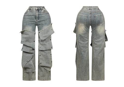 Famnbro Womens Baggy Cargo Jeans Y2K High Waisted Straight Wide Leg Detachable Denim Jeans4
