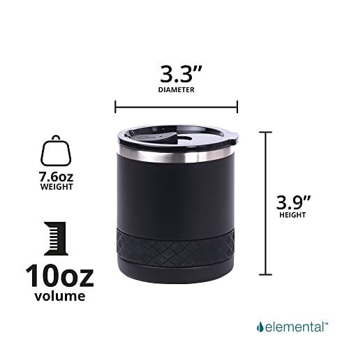 Elemental Recess Lowball Tumbler Set Of 2, 10Oz Triple Wall Stainless Steel Cup With Non-Shattered Tritan Lid, Insulated Whiskey Glass, Insulated Coffee Tumbler Mug For Hot & Cold Drinks - Black #TOP1