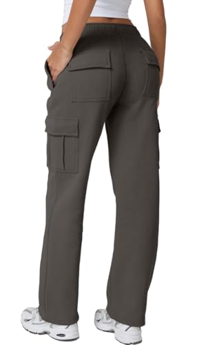 Image of QINSEN Baggy Medium Waist Elastic Sweatpants for Womens Casual Long Fleece Cargo Pants with Pockets
