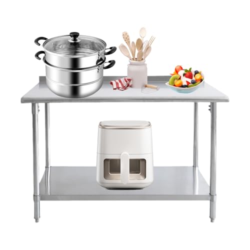 Mesa de preparación de cocina comercial de acero inoxidable resistente con protector contra salpicaduras, estante inferior ajustable, 35 pulgadas de largo x 24 pulgadas de ancho x 34 pulgadas de alto
