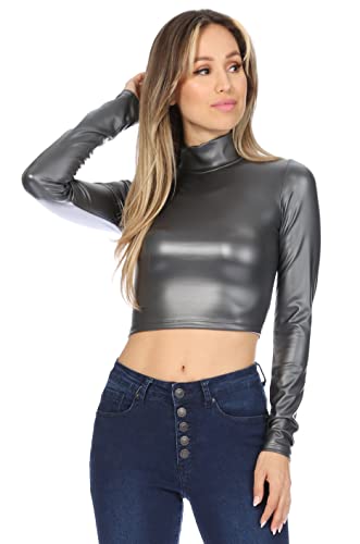 Image of Sakkas Matte Liquid Mock Neck Turtleneck Long Sleeve Crop Top - Made in USA