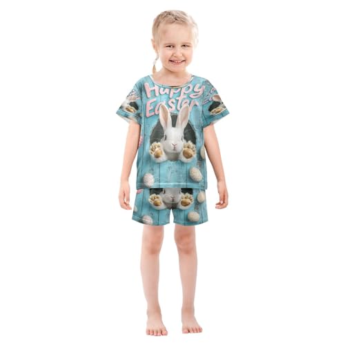 ALAZA Easter Rabbit Bunny Egg Blue Pajamas Set Short Sleeve Cotton Sleepwear Summer Pjs 2 Piece 5-14Y3