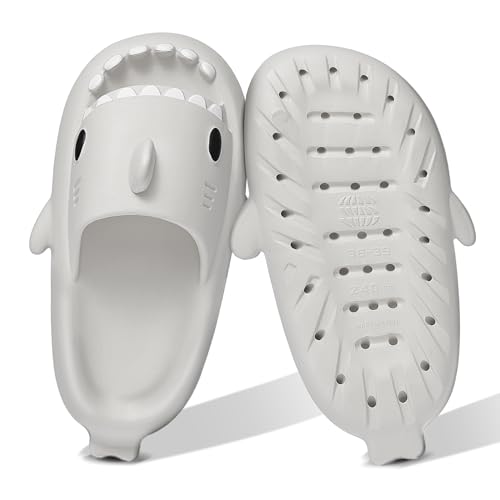 Cysincos Cloud Slides for Women Men, Shark Pillow Slides for Women, House Slippers Shower Shoes Indoor Outdoor Open Toe Sandals, Comfort Lightweight, Thick Sole Non-Slip, Easy to Clean,Grey