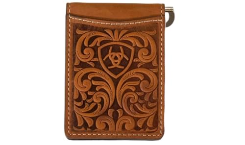 ARIAT Bifold Money Clip Scrolling Embossed Wallet, Medium Brown
