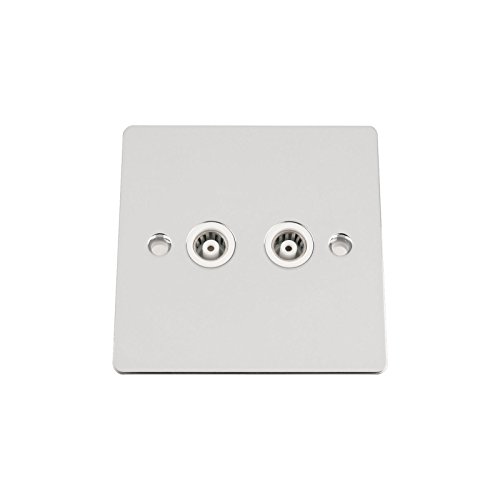 TV Coaxial Aerial Socket Double 2 Gang - Polished Chrome Flat - White Insert, White,silver,black