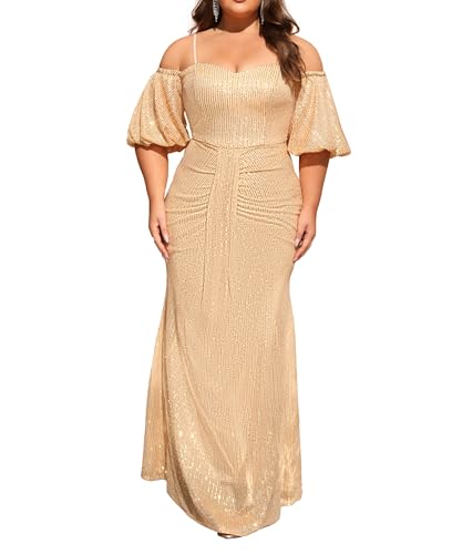 Image of Women's Plus Size Off The Shoulder Puff Sleeve Dress Sequin Formal Maxi Evening Cocktail Party Gowns