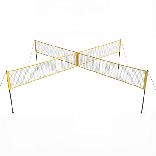 CuisinAid Outdoor Volleyball Net Set，14FT Portable 4 Way Adjustable Height Four Square Game with PE Net & Iron Frame, Includes Ball, Pump, Hammer, Carry Bag, Ideal for Backyard & Beach Family Playt