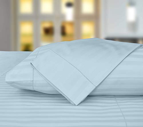 Threadmill 500 Thread Count Queen Size Damask Stripe, 4 Pc Luxury Cotton Bedding Set, Silky Smooth Light Blue Sheets With 16" Elasticized Deep Pocket, 2 Pillowcases & Free Tote Bag #TOP2