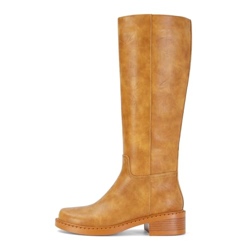 Image of Dsevht Black Knee High Boots for Women Faux Leather Elastic Low Heel Round Square Toe Side Zipper Fall Long Tall Boot