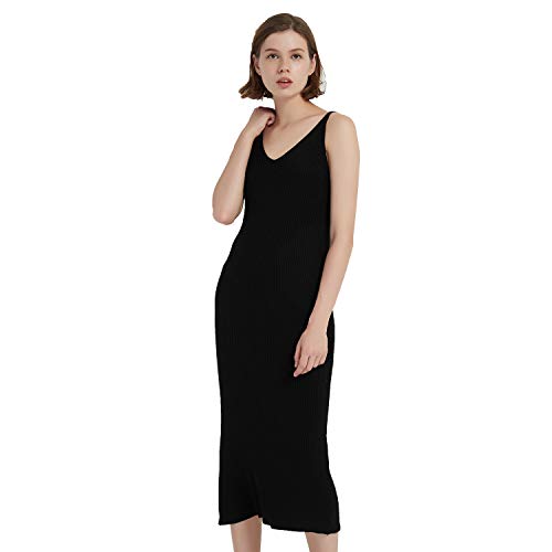 Image of Women's Sleeveless Sweater Dress Knit Slim V Neck Bodycon Midi Stretchable Elasticity Slim Fits