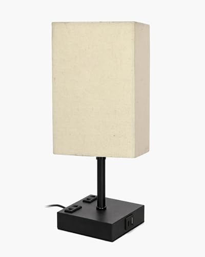 Image of Homesake Touch Table Lamp with USB A + Type C Charging Ports Dual AC Outlets, Touch Control, Medium Size, Bulb Included Night Stand, Bedside Desk Light Bedroom Living Room Office, (Khadi Rectangle)