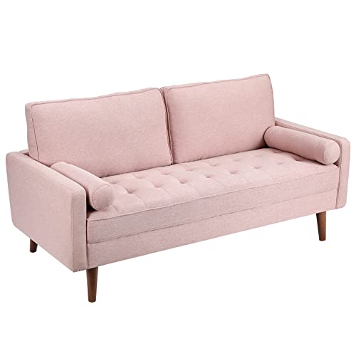 Vesgantti Sofá 3 Plazas, 173 cm Sofá de Salón con Cojín Button Tufted, Sofá Pequeño de Tela con 2 Cojines Bolster, Rosa, 173cm (Largo) x 77cm (Fondo) x 84cm (Alto)