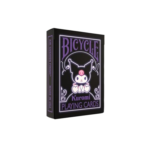 Image of Bicycle Kuromi Sanrio Playing Cards Black Pink Purple 1 Deck Kawaii | Kuromi and Baku on court cards, Neon pink and purple on black backgrounds, Cheeky design with skulls, Made in USA