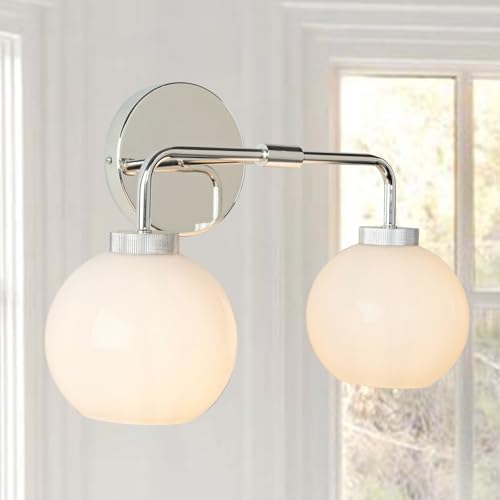 Image of 17 Inch Modern Glass Globe Double Sconce, Polished Chrome Metal Finish Wall Light for Bedroom, Hand-Polished Milky Glass Vanity Light Over Mirror, Elegant Light Fixtures for Indoor