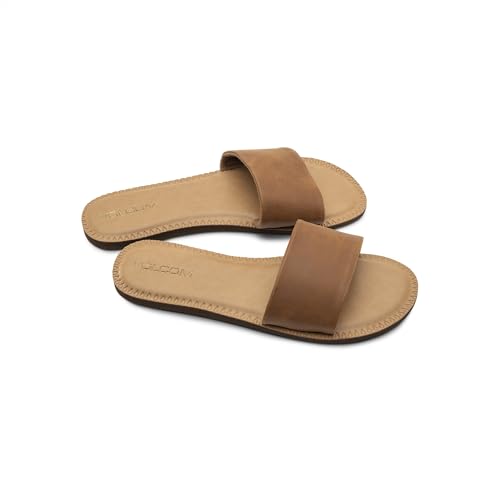 Volcom Women's Simple Slide Sandal – Soft Padded Footbed, Synthetic Leather Strap, Tan - New, 8
