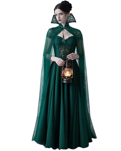 Joukavor Gothic Long Black Tulle Vampire Cape with Stand-Up Lace Collar for Women (Green)