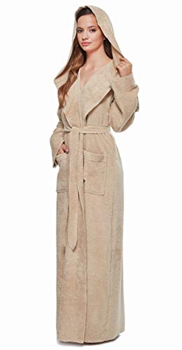 Arus Women's Princess Robe Ankle Long Hooded Lightweight Turkish Cotton Bathrobe Latte Small