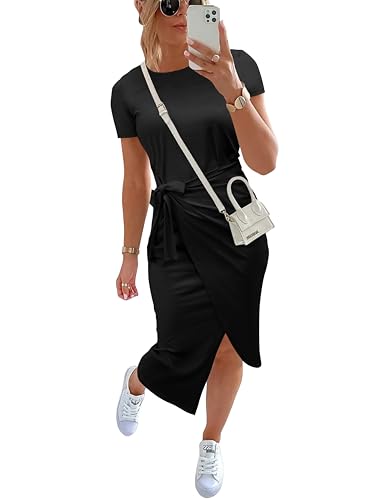 Image of NOLLSOM Women Casual Sleeveless Striped Tank Midi Dresses Halter Neck Ruched Bodycon Dresses Tie Waist T Shirt Summer Dress