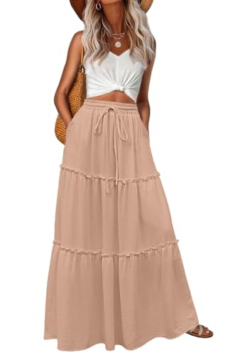 Image of Lepunuo Womens Casual Boho High Waisted Flowy Maxi Skirts Tiered Floral Long Skirts with Pockets for Summer Beach Vacation