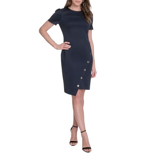 Image of Tommy Hilfiger Women's Short Sleeve Jewel Neck Colorblock Studded Asymmetrical Hem Crepe Mini Dress