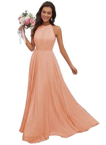 JAEDEN Abendkleid Damen Lang Elegant für Hochzeit Neckholder Brautjungfernkleider Chiffon Festliches Party Kleid Pfirsich 34