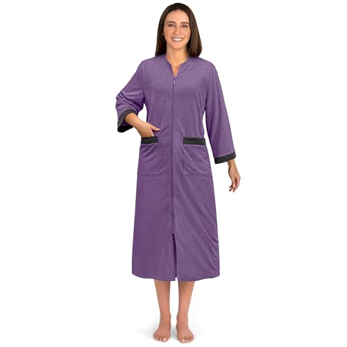 PAVILIA Premium Womens Robe Housecoat, 3/4 Sleeves Zip Up Nightgown For Women Pockets, Soft Bathrobe Zipper Loungewear Dress