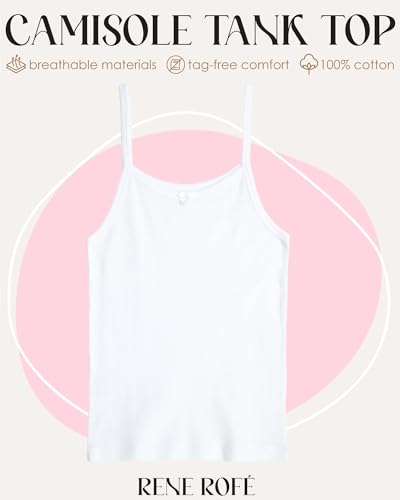 Rene Rofe Girls’ Undershirt - 100% Cotton Cami - Camisole Tank Top (6 Pack, 2T-14), Size 10-12, White