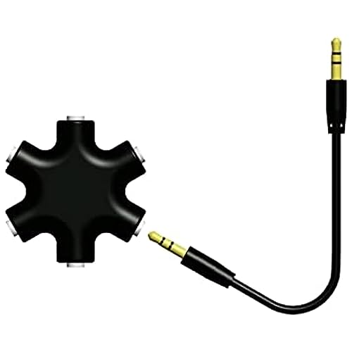 マルチイヤホンスプリッター 3.5mm ステレオイヤホンプラグ (オス-オス) 分岐 3.5オーディオ5出力6端子メス接続器 ヘッドフォンアダプタ オーディオスプリッター コネクター イヤフォンジャック分配器 メス接続器 3.5mmステレオ延長線付き