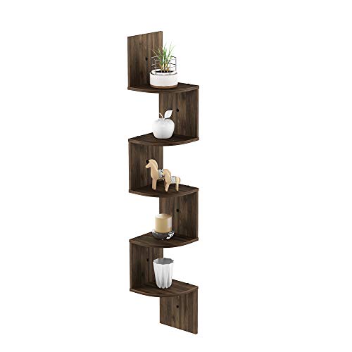 Furinno Rossi 5-Tier Floating Corner Shelf for Wall, Corner Zigzag Shelf Wall Mounted, Radial Wall Mount Shelves, for Home Office, Living Room, Bedroom, Bathroom, Columbia Walnut - image 8