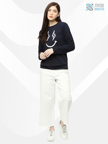 Image of STATUS MANTRA Women's Cotton Round Neck Regular Fit Sweatshirt | Full Sleeves and Smile Printed | Comfort Colour T-Shirt | Available in Multicolor & Size Small to 2XL
