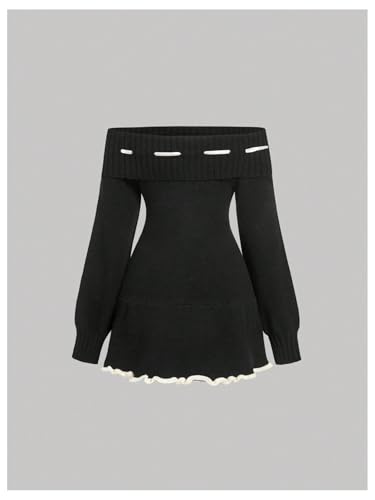 Image of SOLY HUX Women's Off The Shoulder Sweater Dress Bowknot Knit Mini Dresses Bodycon Long Sleeve Sweater Dress 2024 Trendy