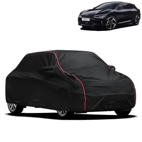 Image of Waterproof Car Cover for Kia EV6 | All-Weather Protection, Dustproof & UV Resistant | Triple Stitched Mirror Pockets, Windproof Buckle Strap with Elastic Hem, Black-Red Piping