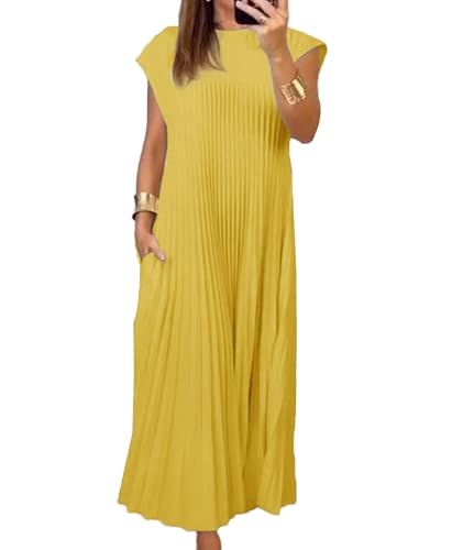 Image of SEMATOMALA Women's Pleated Short Sleeve Maxi Dress Crewneck Loose Fit Flowy Swing Long Dress with Pockets