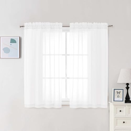 Image of Chyhomenyc White Sheer Curtains 48 Inch Long, Light Filtering Solid Color Bedroom Window Sheer Curtain Panels, Elegant Short Curtains & Drapes for Living Room, 42Wx48L, 2 Panels