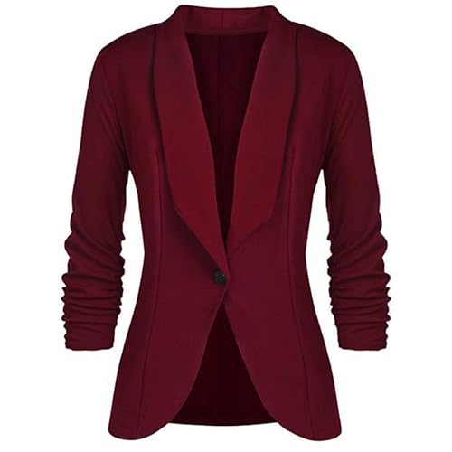 Womens Blazers Dressy Casual 3/4 Ruched Sleeve Open Front One Button Work Office Jackets Lapel Slim Fit Blazer2