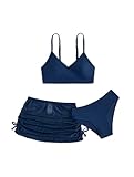 Verdusa Girl's 3 Piece Bikini Swimwear Cute Swimsuits Bathing Suit High Waisted with Cover Up Beach Skirt Dark Blue 11-12Y