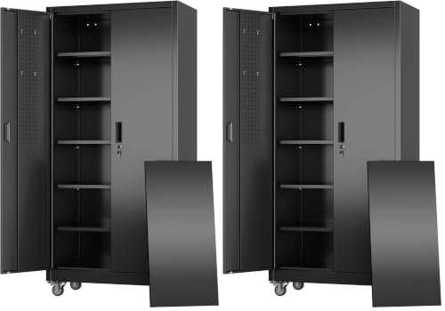Image of Aobabo Metal Garage Storage Cabinet with Wheels and Door Pegboard (Pack of 2)