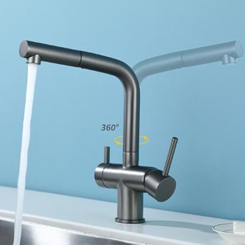 3 Rubinetto da Cucina Estraibile Estensibile E Girevole in Ottone, Design Moderno con Finitura Spazzolata per Un Facile Utilizzo in Cucina, Spruzzatore Resistente Ed Eleg,Negro-A