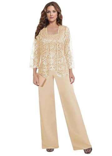 3 Pieces Mother of The Bride Pant Suits for Women Dressy with Jacket Lace Chiffon Long Sleeve Formal Wedding Outfit Wisteria 43