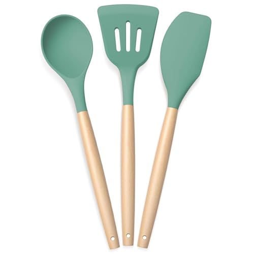Image of PANCA Silicone Non Stick Spatula Set of 3,Non Stick Serving Spoon | Silicone Spatula Set for Cooking and Serving | Kitchen Tool (Green,Set of 3 Piece)