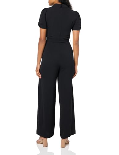 Image of DKNY Women's Belted Polo Collar Ruched Sleeve Jumpsuit