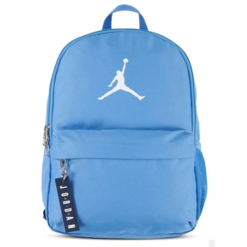 Jordan Mini mochila, azul claro com logotipo branco, bolsos laterais de malha