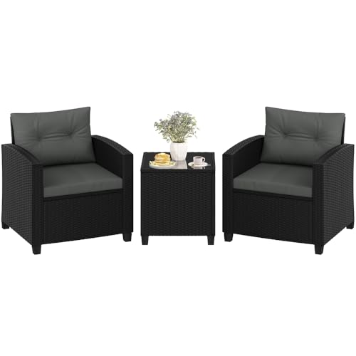Yaheetech Salon de Jardin 2 Personnes en Résine Tressée Ensemble Bistrot 3 Pièces avec Table Basse Fauteuils d'Extérieur avec Coussins et Oreillers pour...