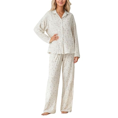 Generisch 2026 Pijama de Manga Larga con Estampado de Corazones Ropa de Dormir Acogedora Ropa de Dormir Ropa de Salón Camisón Suave (Beige, M)