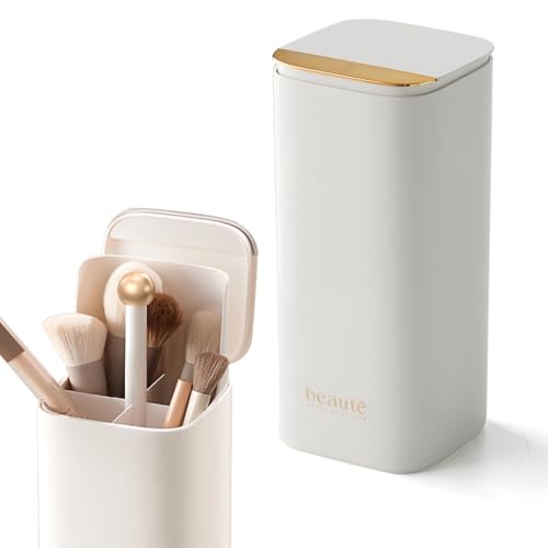 STORICANS Makeup Brush Holder with Lid,4 Slots Automatic Lifting Dustproof Make up Brush Organiser Makeup Brushes Case Make up Cosmetics Organizer Storage for Dressing Table,Vanity,Gold-White