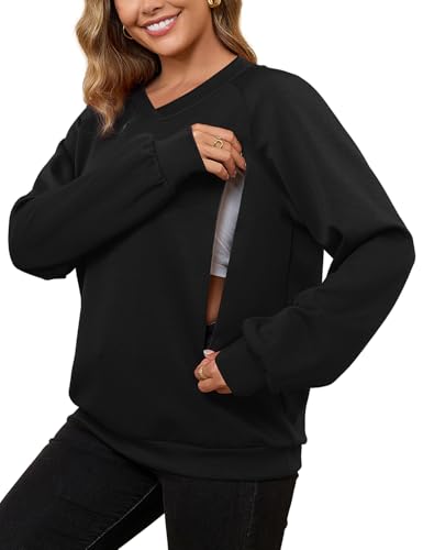 Bhome Womens Long Sleeve Nursing Shirts Dual Zippers Maternity Breastfeeding Sweatshirts V Neck Loose Fit Pregnancy Tops Fall Winter,Black L