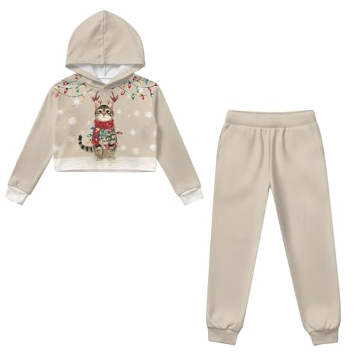 ZFRXIGN Cute Christmas Hoodie and Sweatpants 2 Piece Outfit for Girls 4-13 Years Cropped Hoodie Sweatpants with Pockets